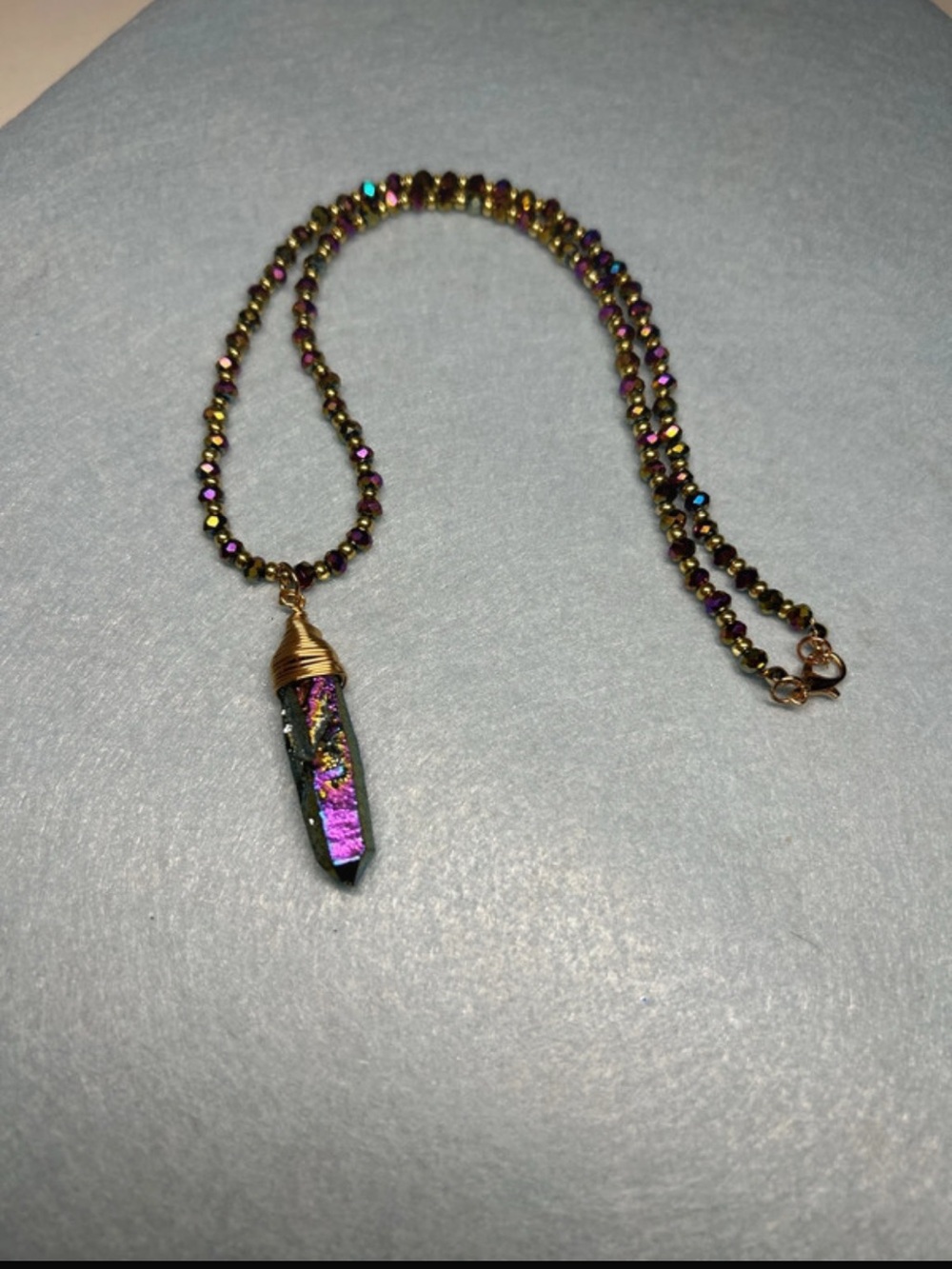 Gold Wire-Wrapped Titanium Aura Quartz Pendant Necklace - Purple Iridescent